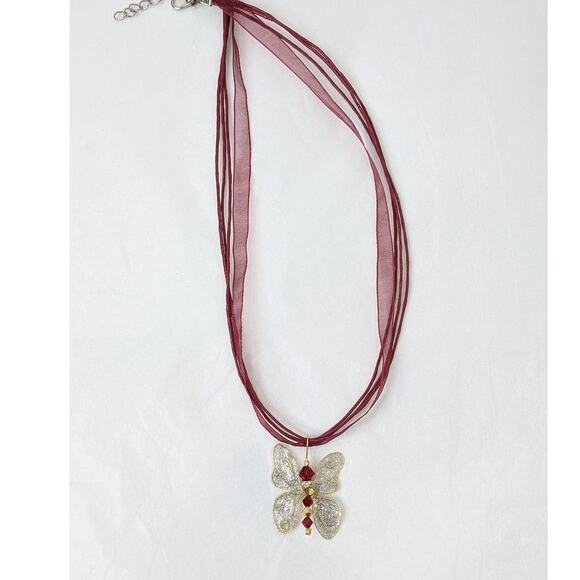 Artisan Whimsical Winged Butterfly Pendant Swarovski Red Gold Crystal Necklace - Picture 10 of 12
